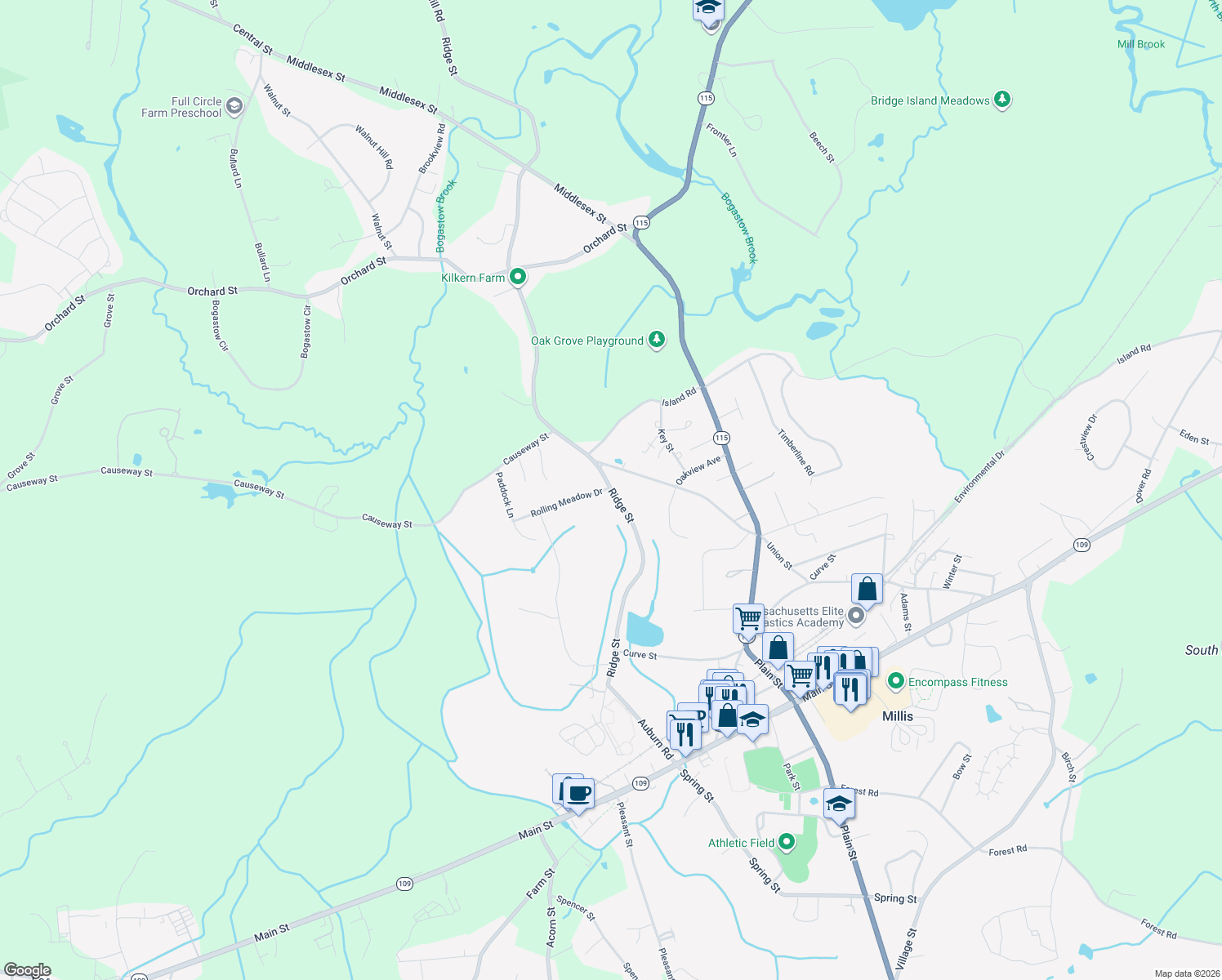 map of restaurants, bars, coffee shops, grocery stores, and more near 90 Ridge Street in Millis