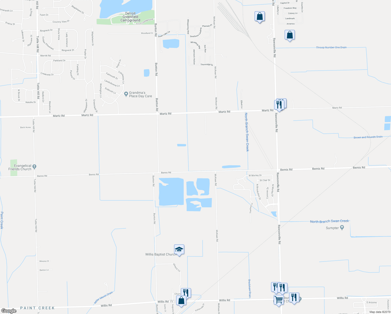 map of restaurants, bars, coffee shops, grocery stores, and more near 10343 Bemis Road in Willis