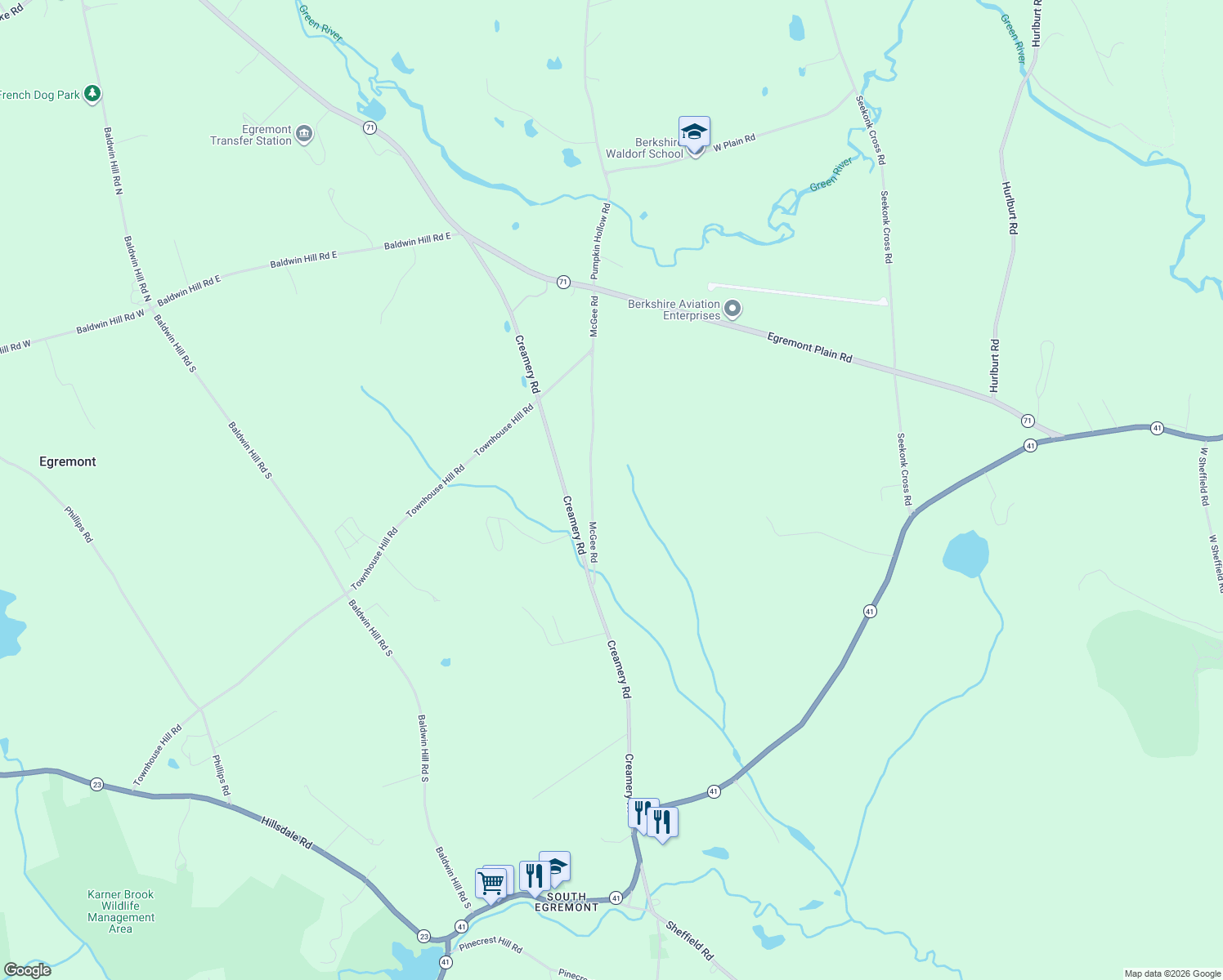map of restaurants, bars, coffee shops, grocery stores, and more near 18 McGee Road in Great Barrington