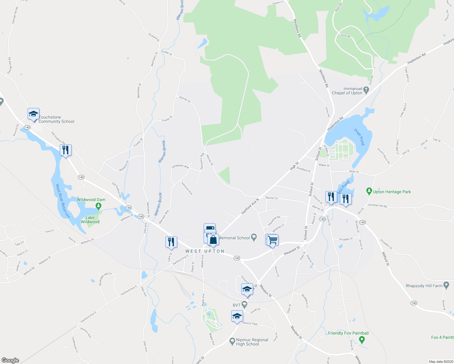 map of restaurants, bars, coffee shops, grocery stores, and more near 69 Warren Street in Upton