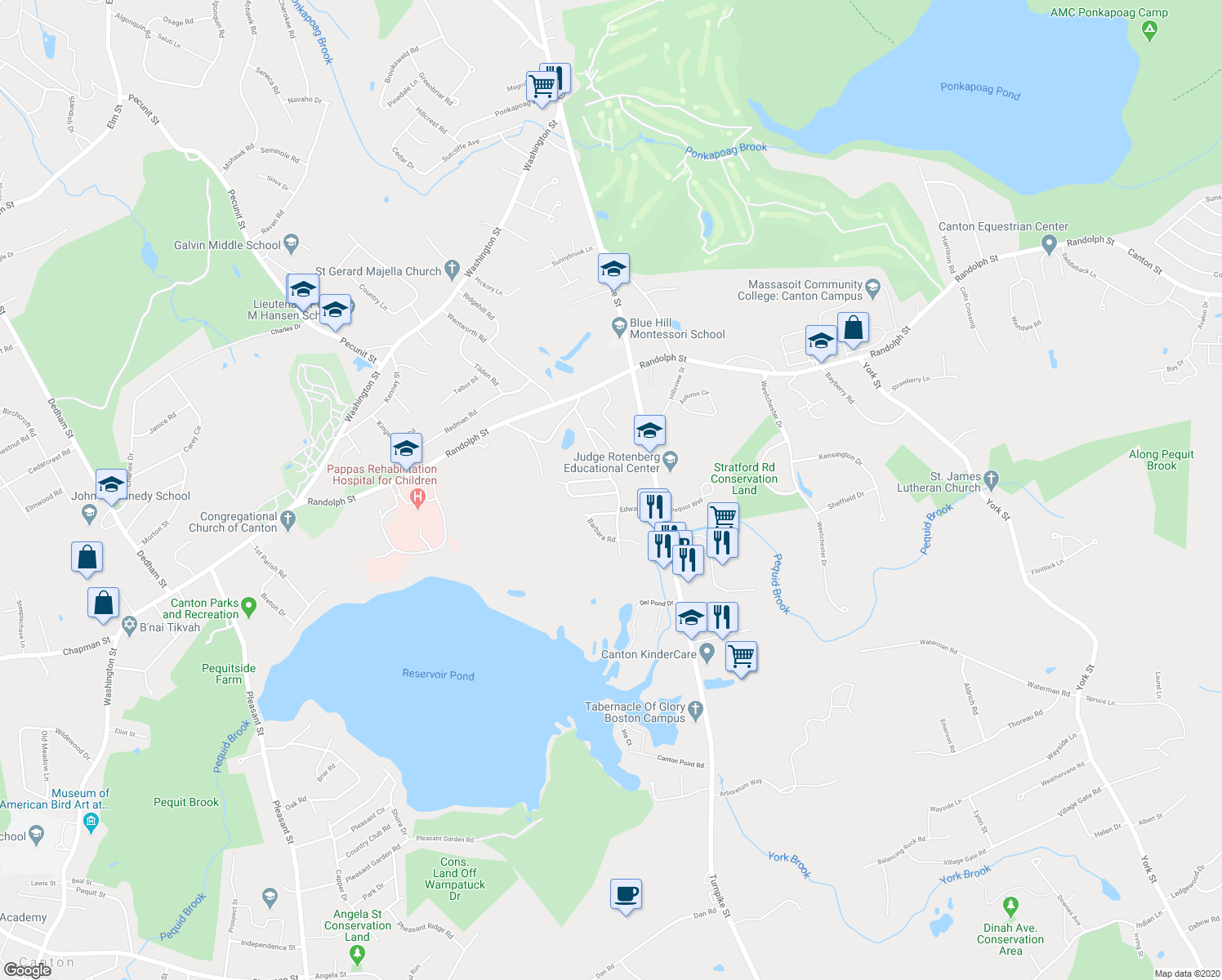map of restaurants, bars, coffee shops, grocery stores, and more near 1 Rustlewood Drive in Canton