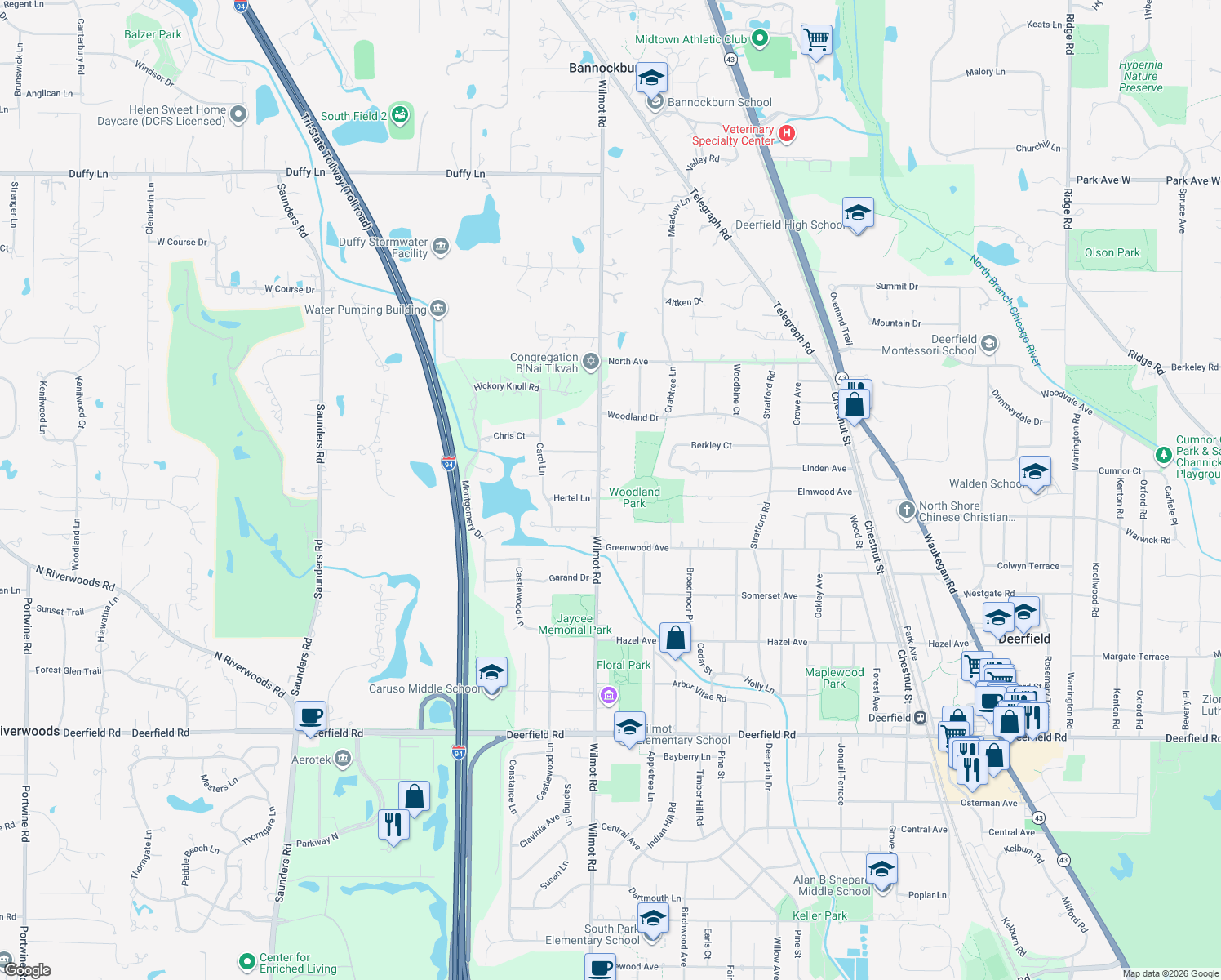 map of restaurants, bars, coffee shops, grocery stores, and more near 1331 Wilmot Road in Deerfield