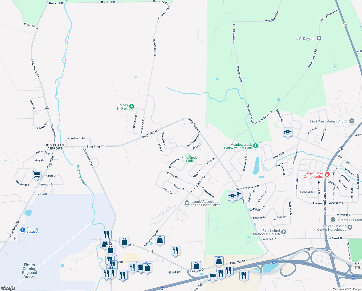 map of restaurants, bars, coffee shops, grocery stores, and more near Retirement Drive in Horseheads