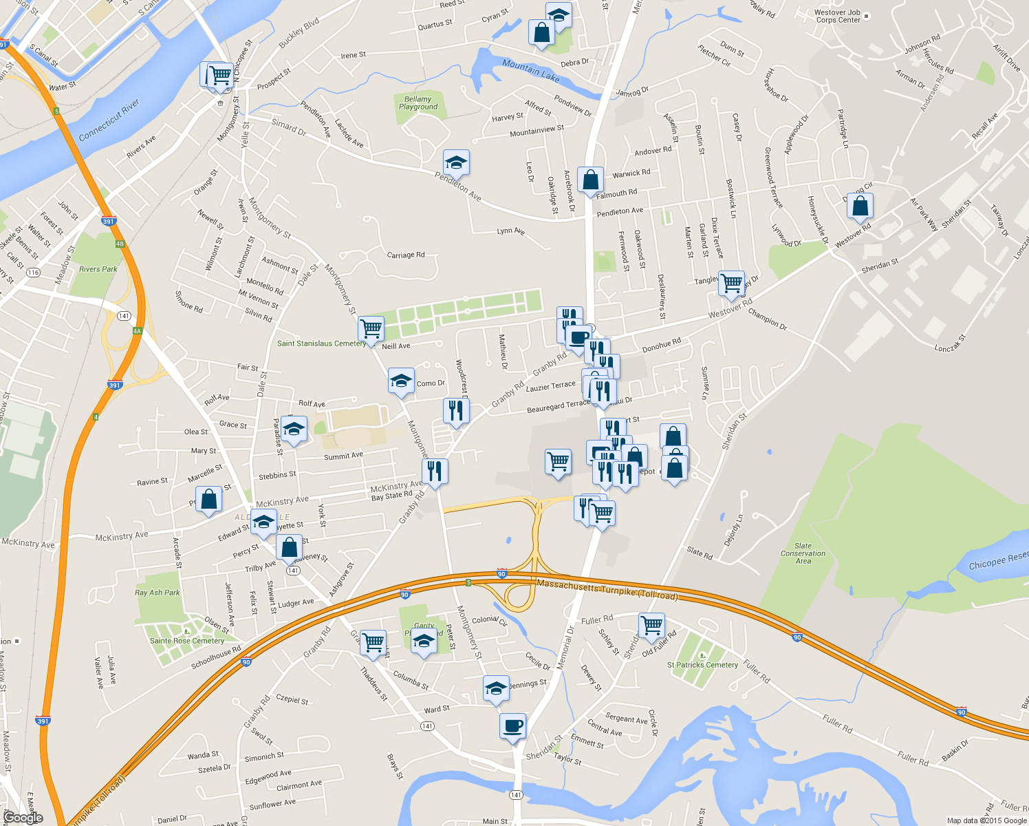map of restaurants, bars, coffee shops, grocery stores, and more near 63 Beauregard Terrace in Chicopee