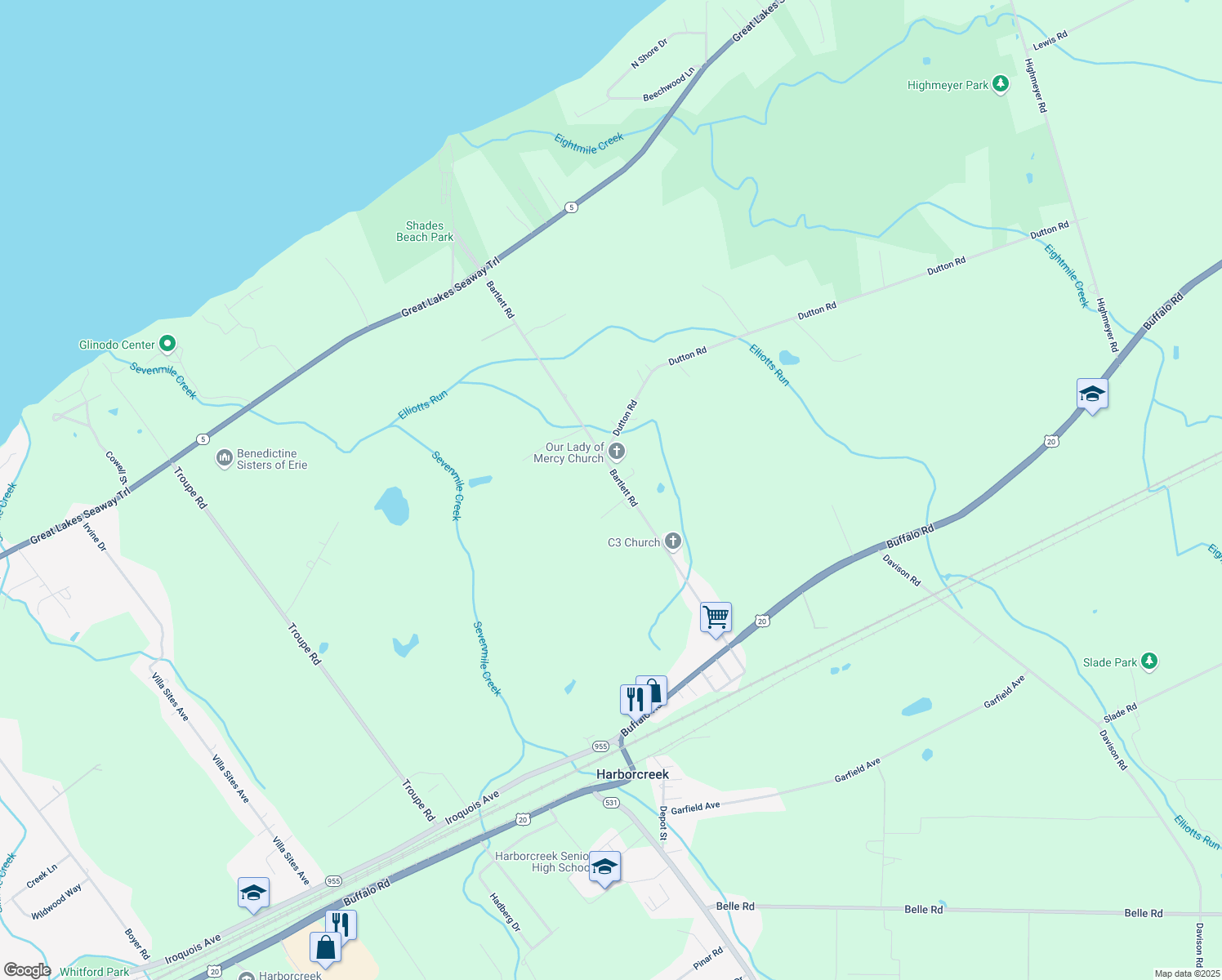 map of restaurants, bars, coffee shops, grocery stores, and more near 874 Bartlett Rd in Erie