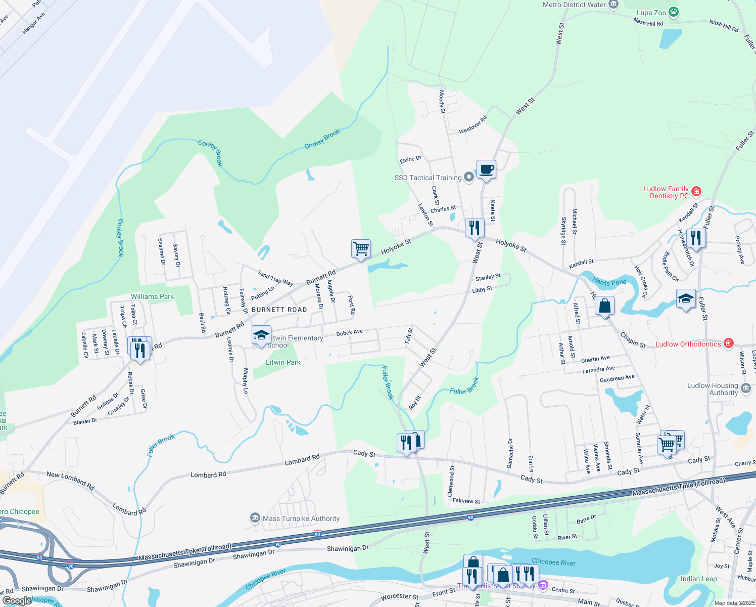map of restaurants, bars, coffee shops, grocery stores, and more near 202 Barna Street in Ludlow