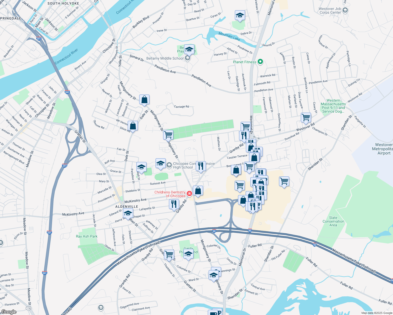 map of restaurants, bars, coffee shops, grocery stores, and more near 90 Parenteau Drive in Chicopee