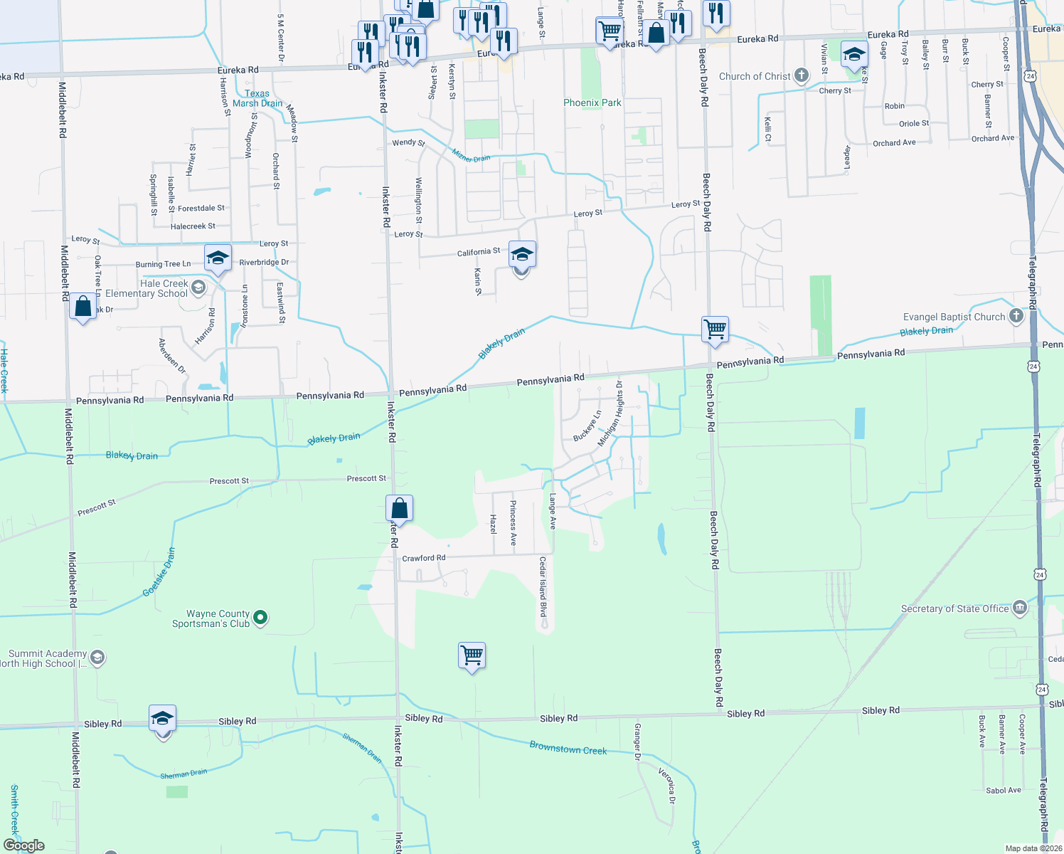 map of restaurants, bars, coffee shops, grocery stores, and more near 26701 Pennsylvania Road in Brownstown Charter Township