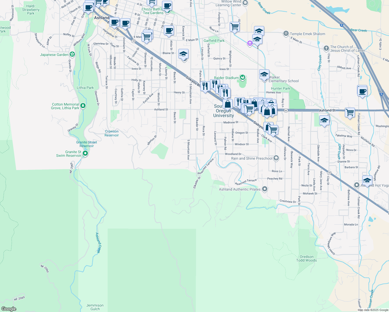 map of restaurants, bars, coffee shops, grocery stores, and more near 1130 Emma Street in Ashland