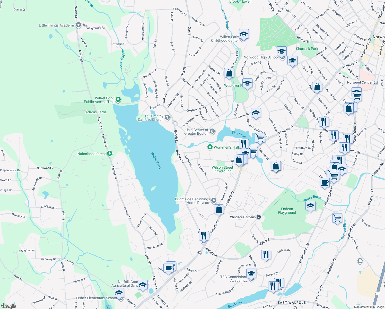 map of restaurants, bars, coffee shops, grocery stores, and more near 24 Morningside Drive in Norwood