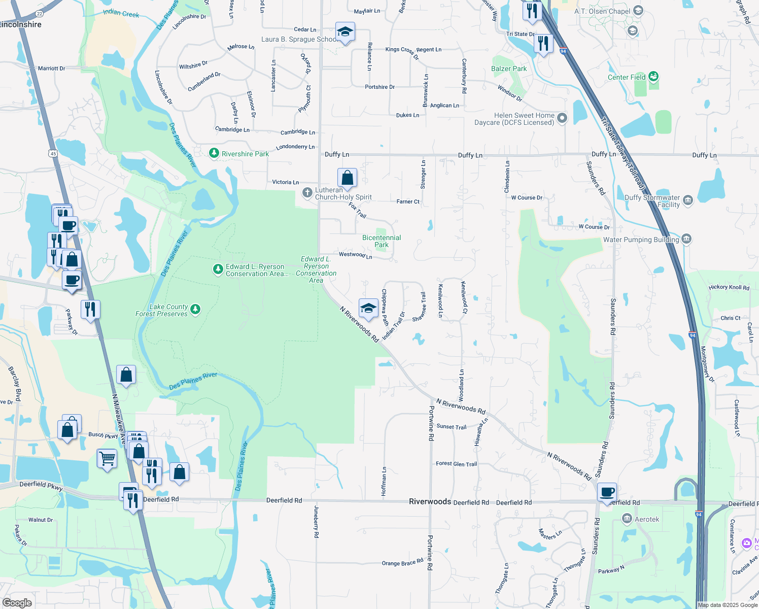 map of restaurants, bars, coffee shops, grocery stores, and more near 1480 Chippewa Path in Riverwoods