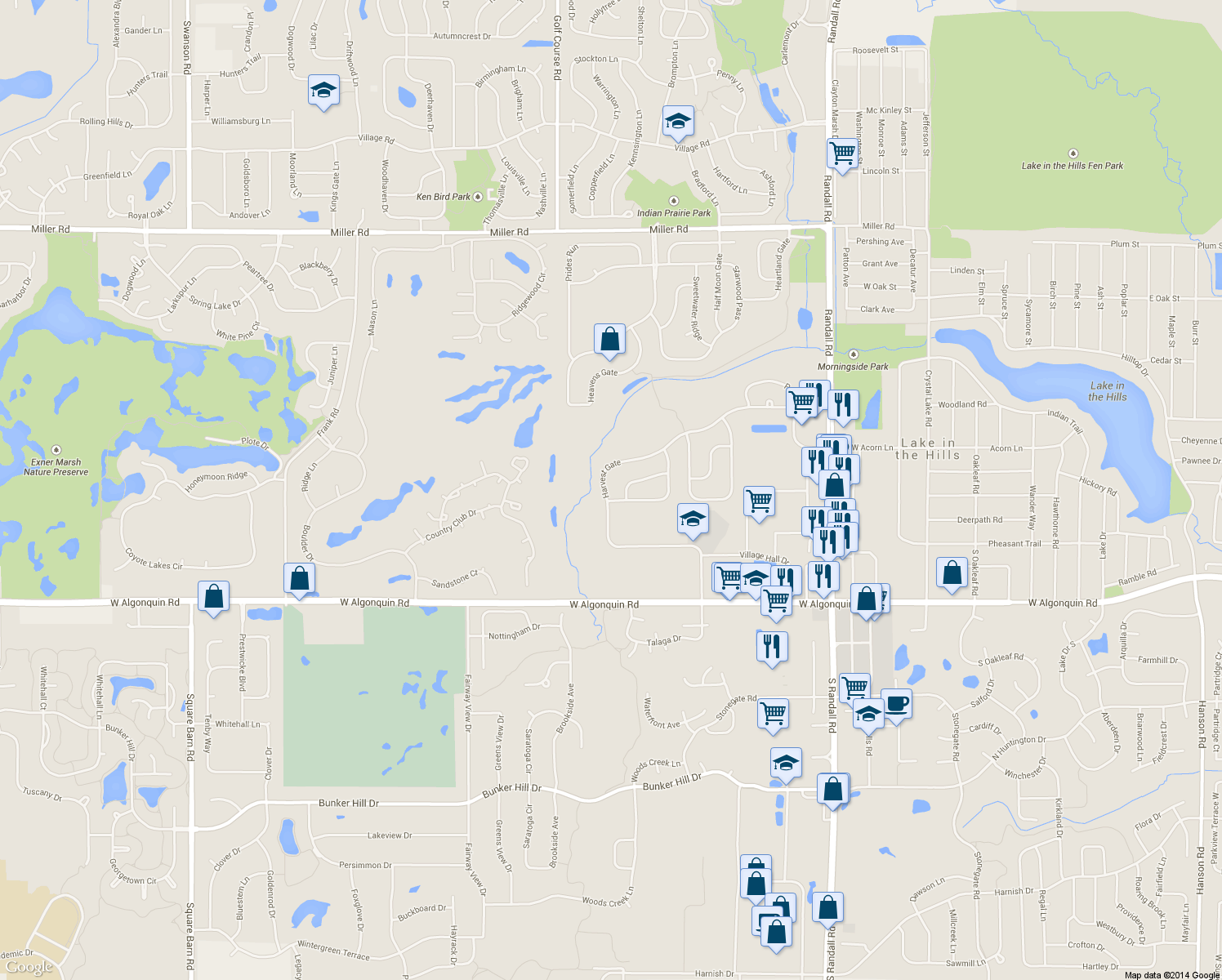 map of restaurants, bars, coffee shops, grocery stores, and more near 444 Harvest Gate in Lake in the Hills
