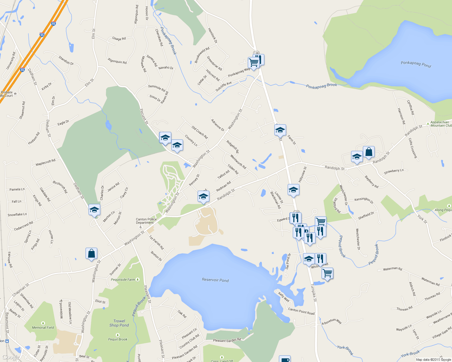 map of restaurants, bars, coffee shops, grocery stores, and more near 19 Redman Road in Canton