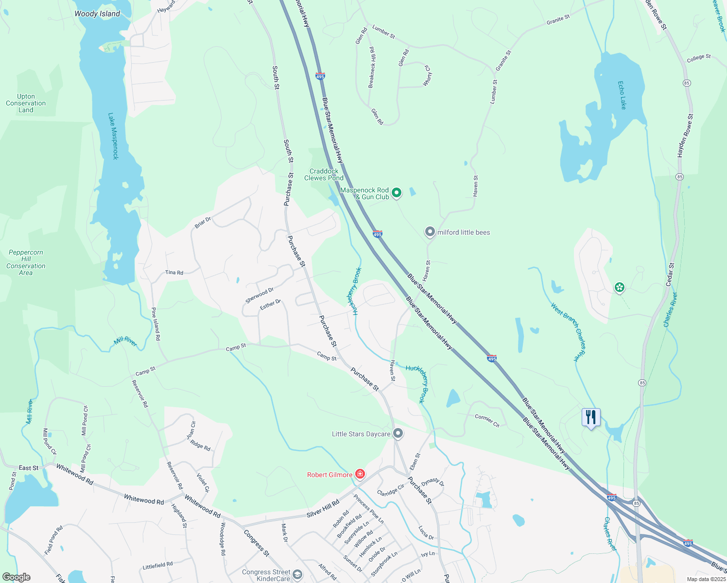 map of restaurants, bars, coffee shops, grocery stores, and more near 7 Bradford Road in Milford