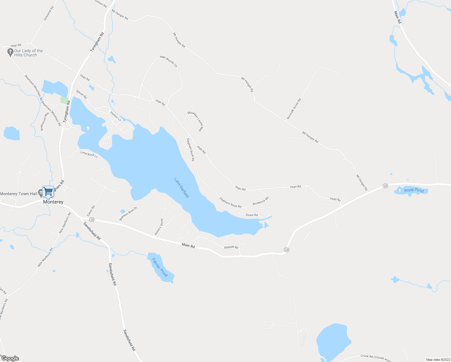 map of restaurants, bars, coffee shops, grocery stores, and more near 95 Hupi Road in Monterey