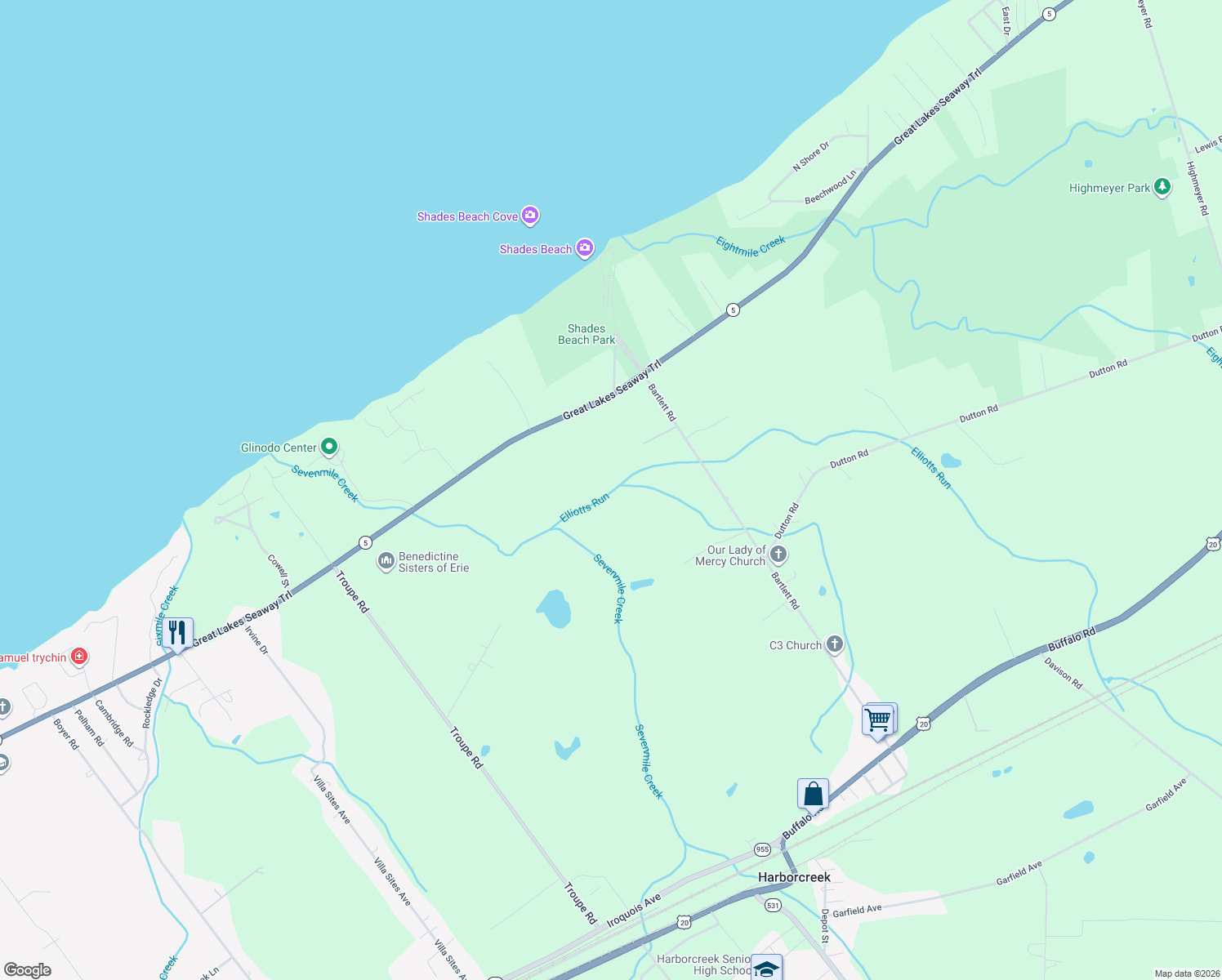 map of restaurants, bars, coffee shops, grocery stores, and more near 6759 E Lake Rd in Erie