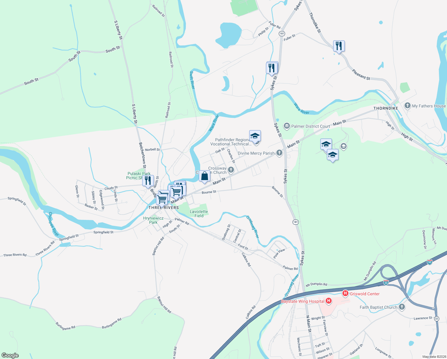 map of restaurants, bars, coffee shops, grocery stores, and more near 2208 Main St in Palmer