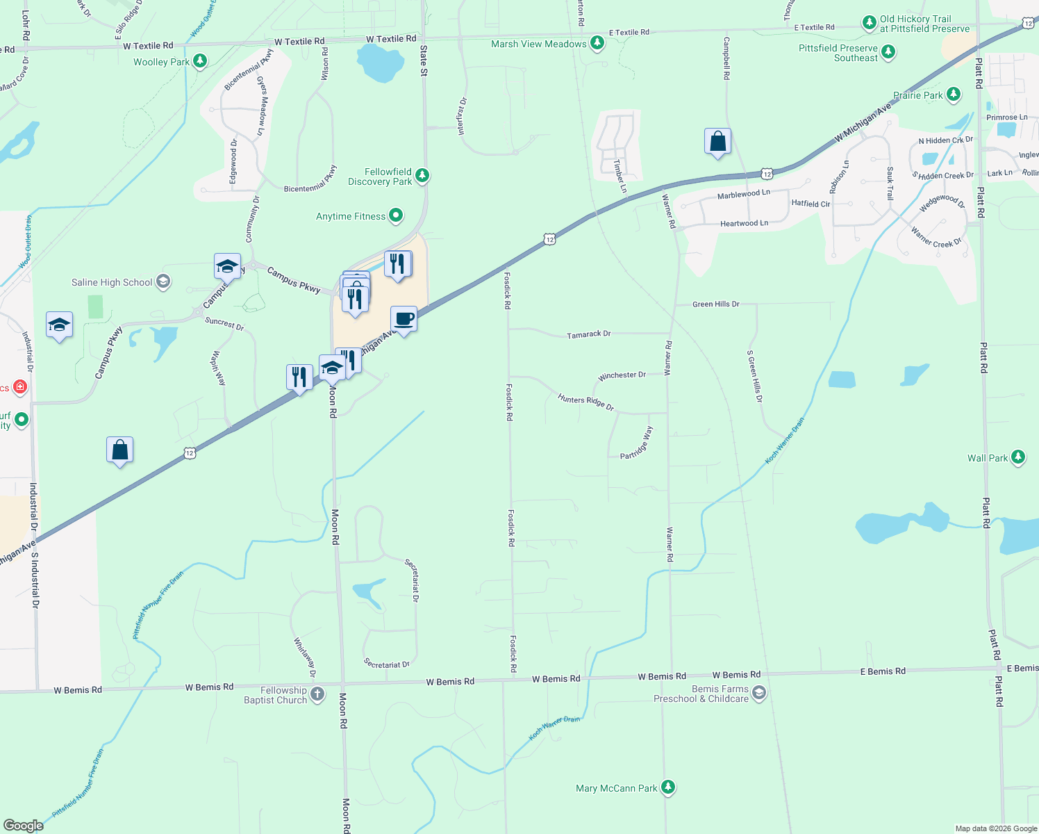 map of restaurants, bars, coffee shops, grocery stores, and more near 7303 Fosdick Road in Saline