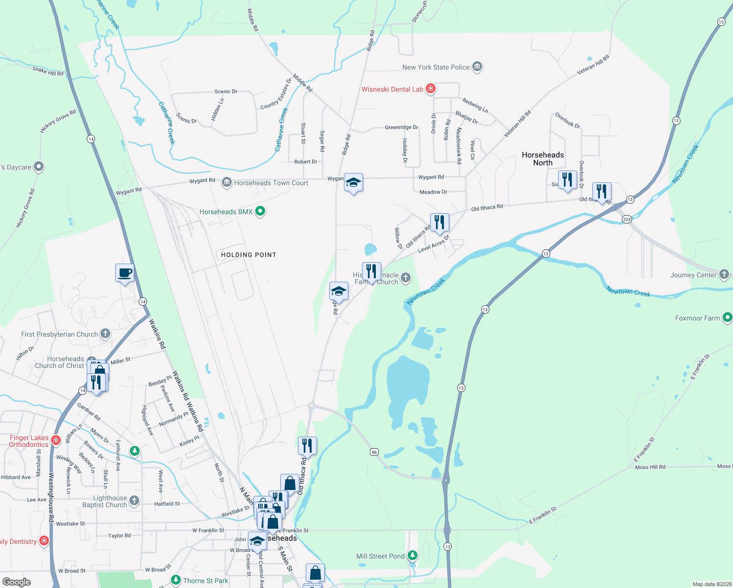 map of restaurants, bars, coffee shops, grocery stores, and more near 244 Old Ithaca Road in Horseheads