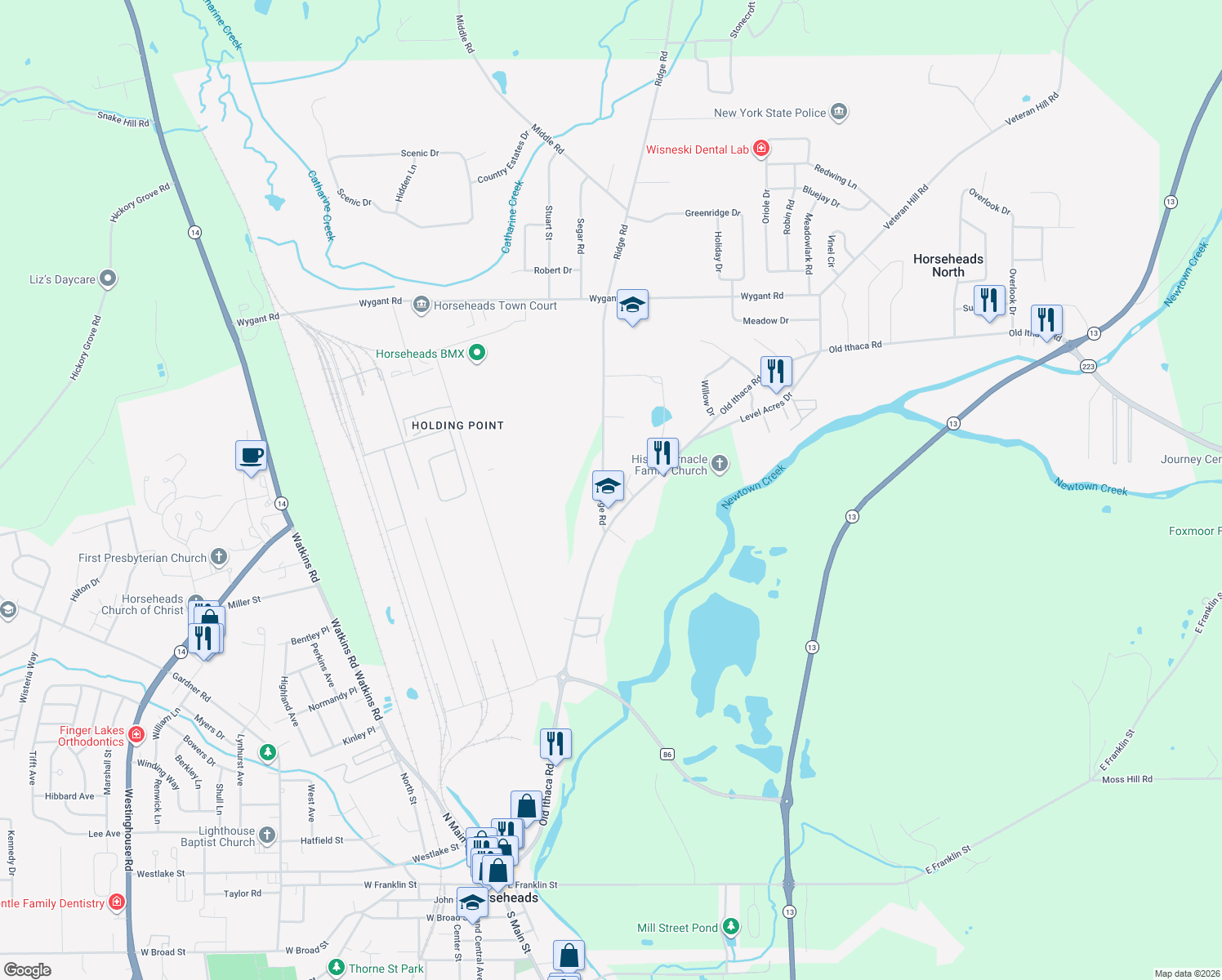 map of restaurants, bars, coffee shops, grocery stores, and more near 22 Ridge Rd in Horseheads