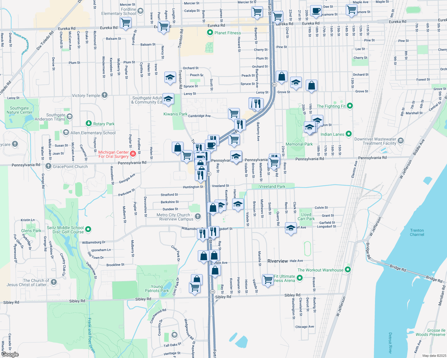 map of restaurants, bars, coffee shops, grocery stores, and more near 17128 Koester Street in Riverview