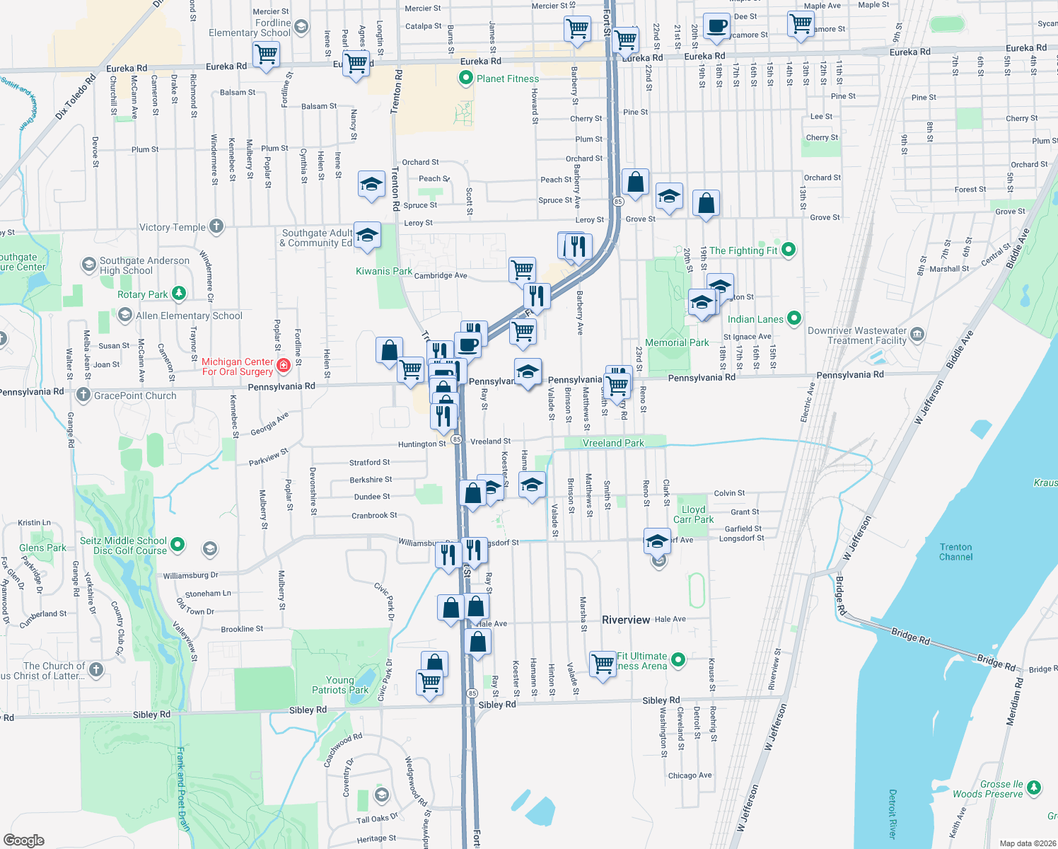 map of restaurants, bars, coffee shops, grocery stores, and more near 17137 Hamann Street in Riverview