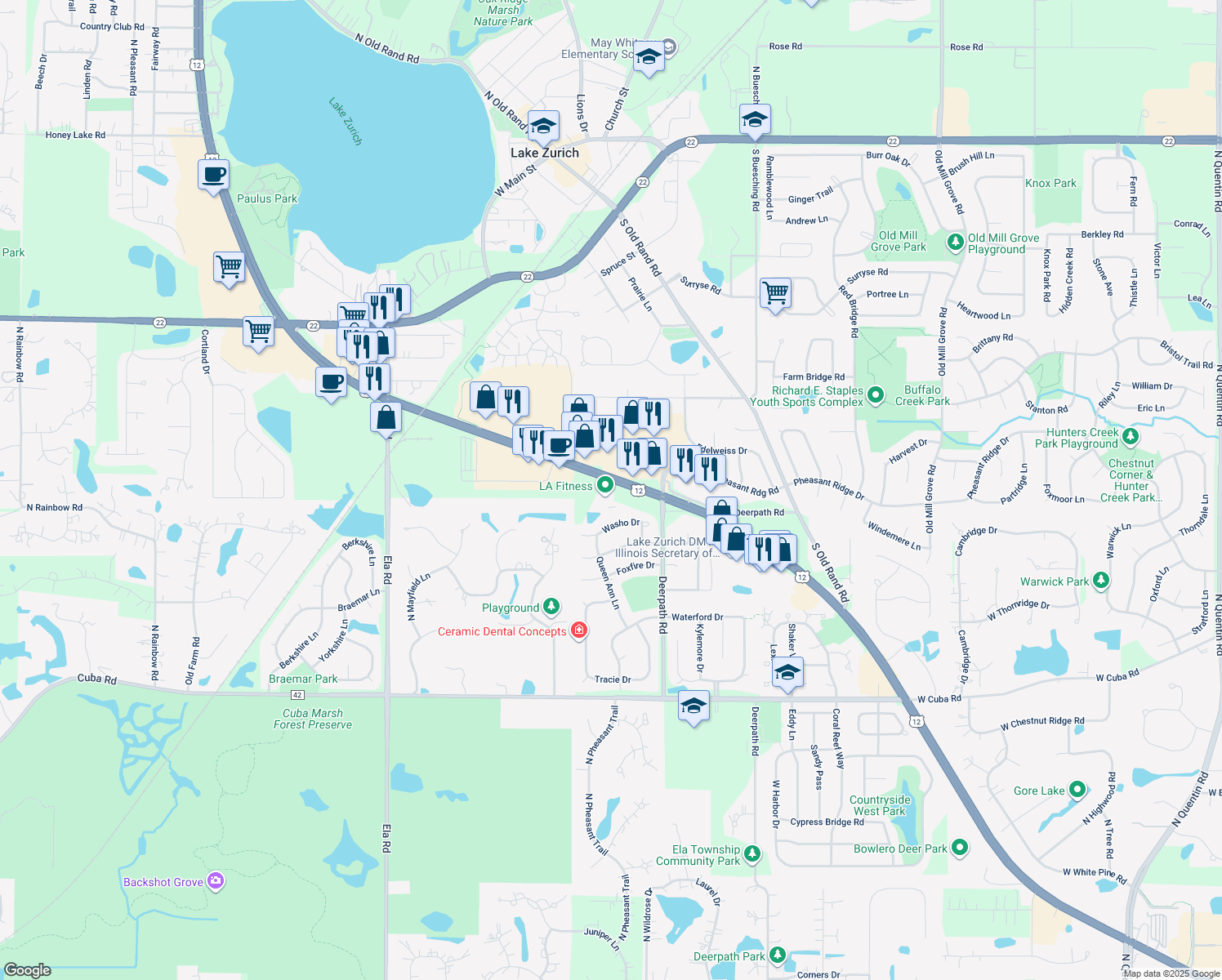 map of restaurants, bars, coffee shops, grocery stores, and more near 825 South Rand Road in Lake Zurich
