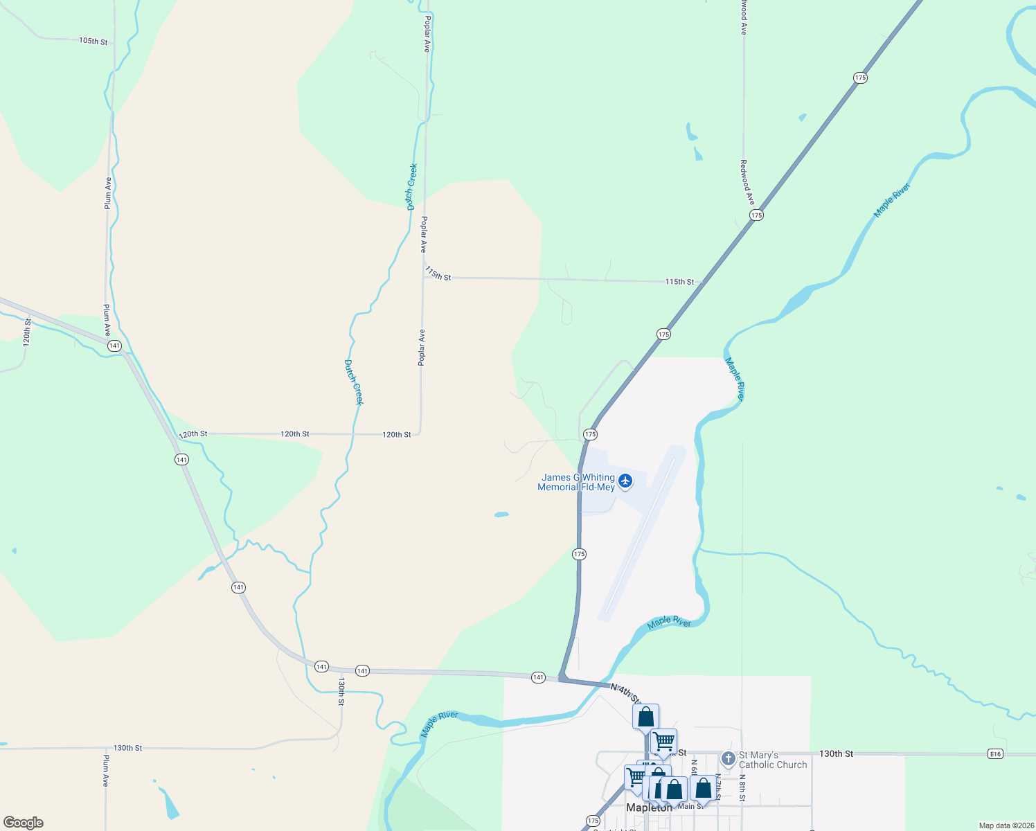 map of restaurants, bars, coffee shops, grocery stores, and more near 11700 Quince Avenue in Mapleton