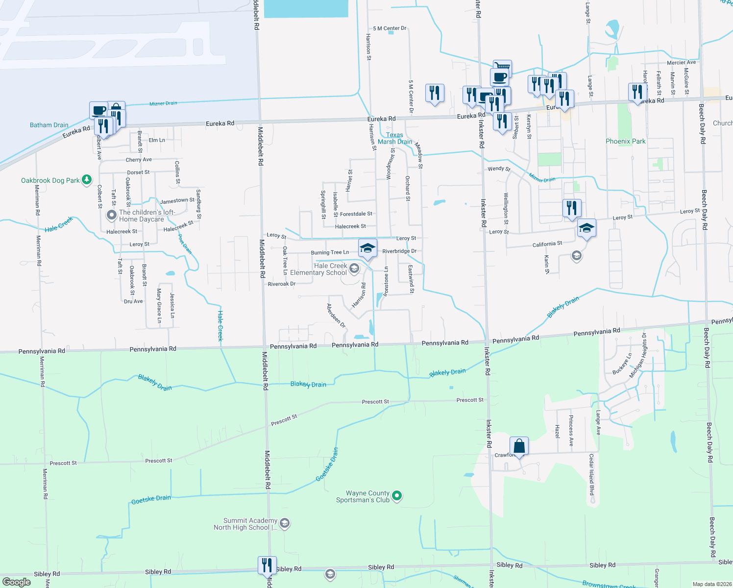 map of restaurants, bars, coffee shops, grocery stores, and more near 16325 Harrison Road in Romulus
