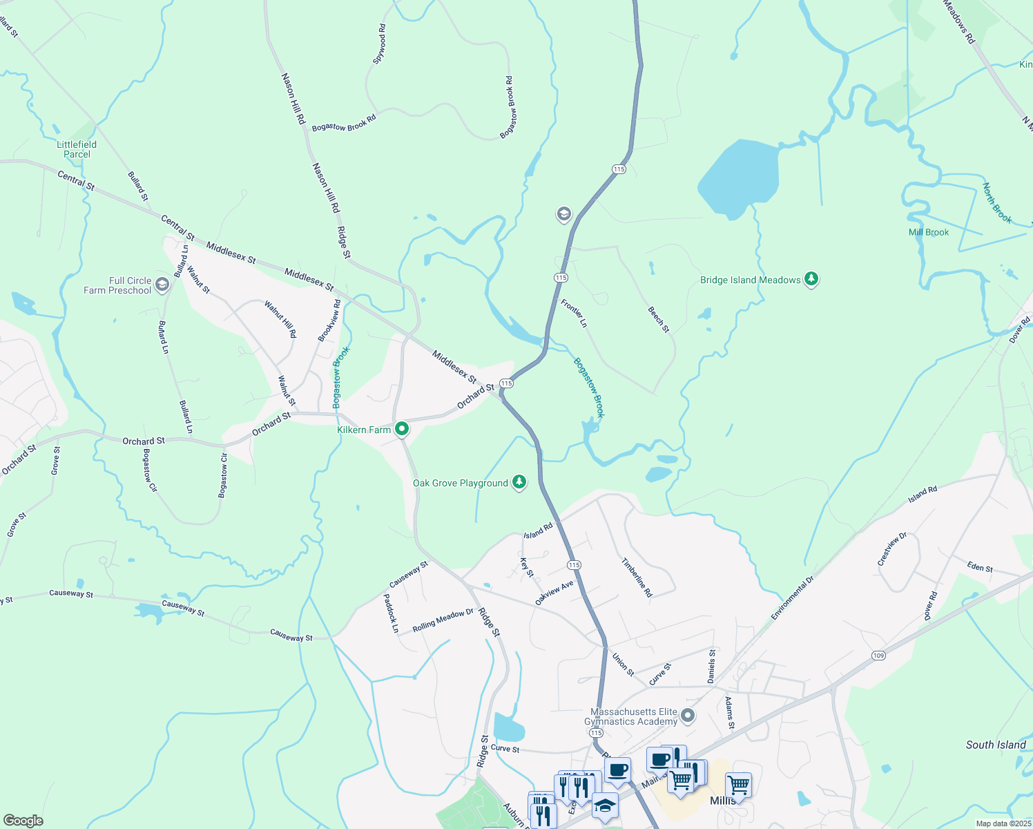 map of restaurants, bars, coffee shops, grocery stores, and more near 445 Exchange Street in Millis