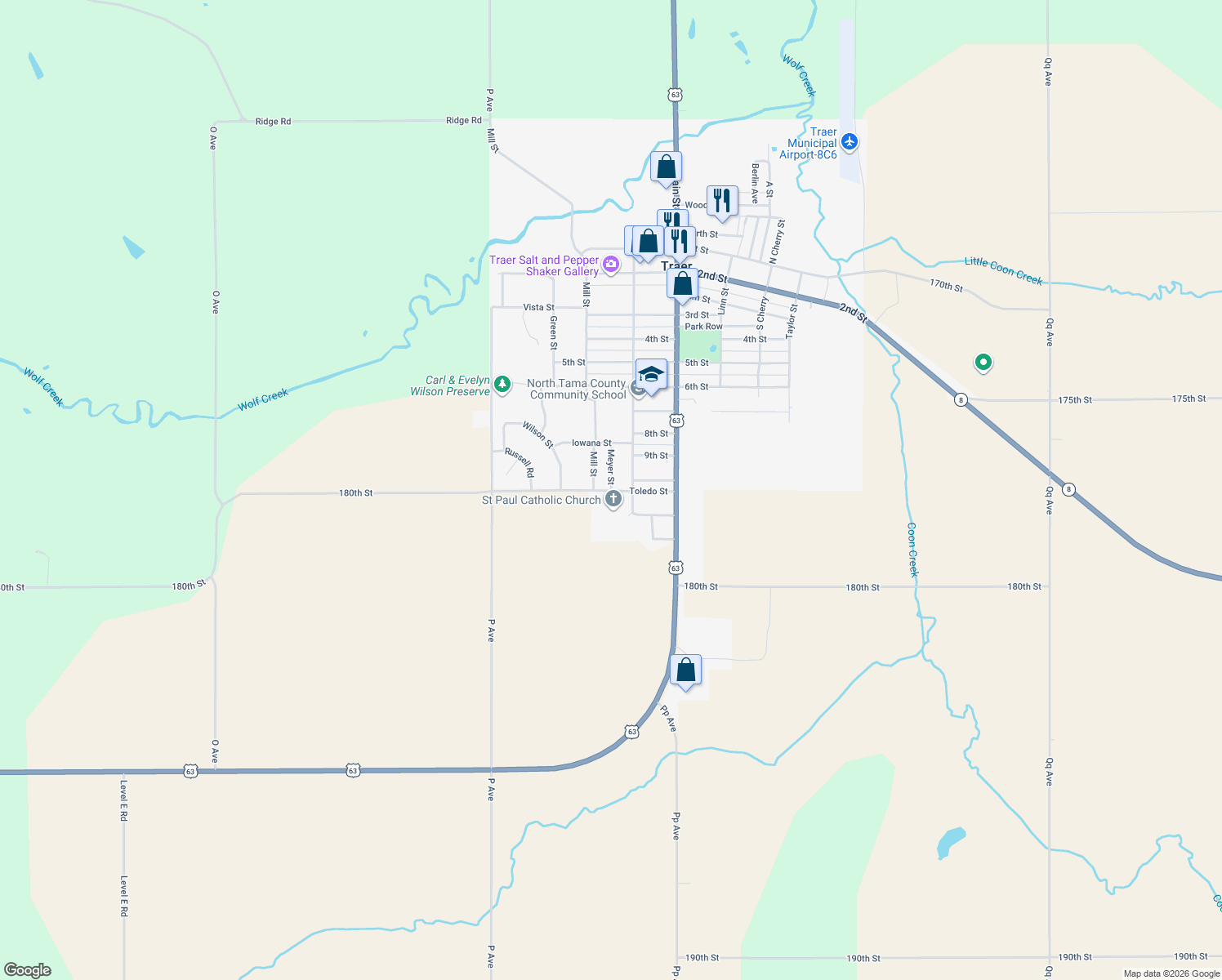 map of restaurants, bars, coffee shops, grocery stores, and more near 998 Meyer St in Traer