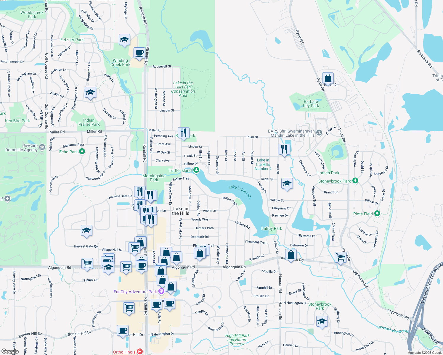 map of restaurants, bars, coffee shops, grocery stores, and more near 135 Hilltop Drive in Lake in the Hills