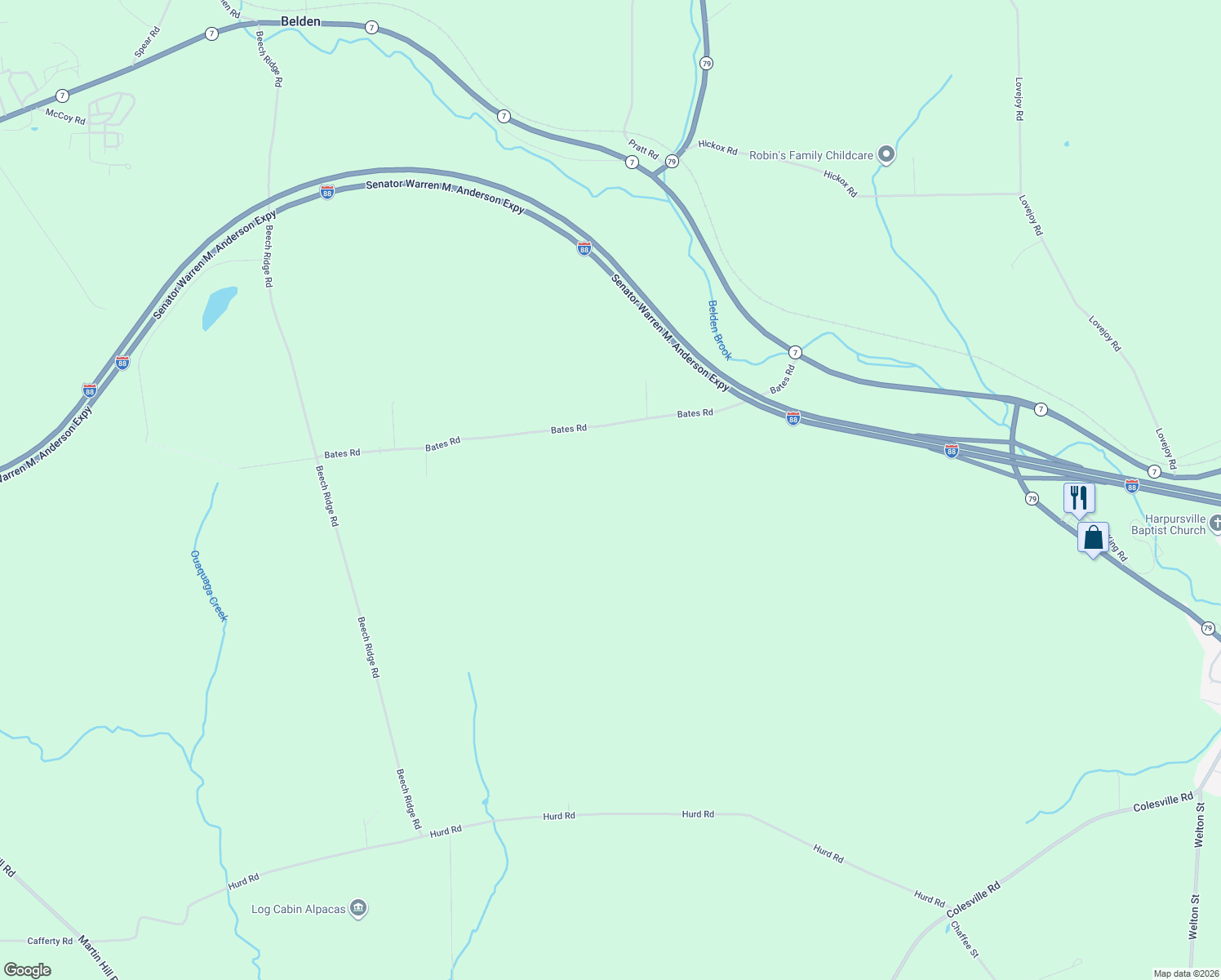 map of restaurants, bars, coffee shops, grocery stores, and more near 174 Bates Road in Harpursville