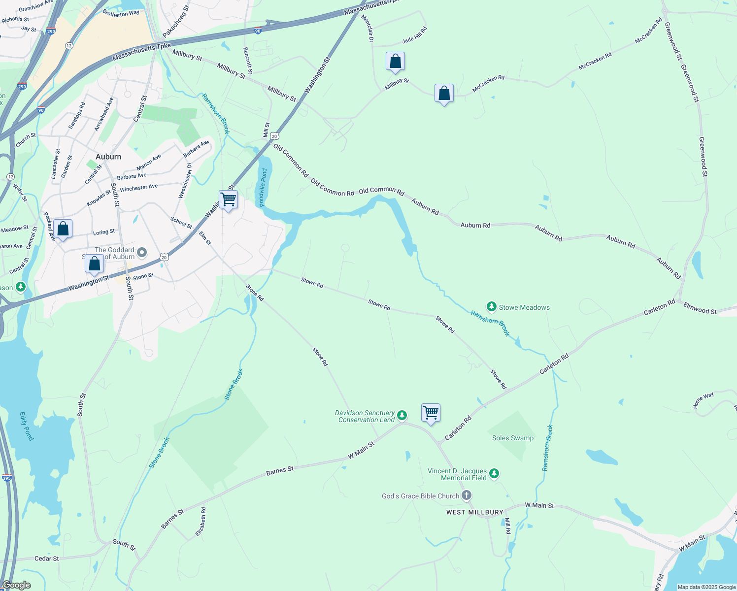 map of restaurants, bars, coffee shops, grocery stores, and more near 54 Stowe Road in Millbury