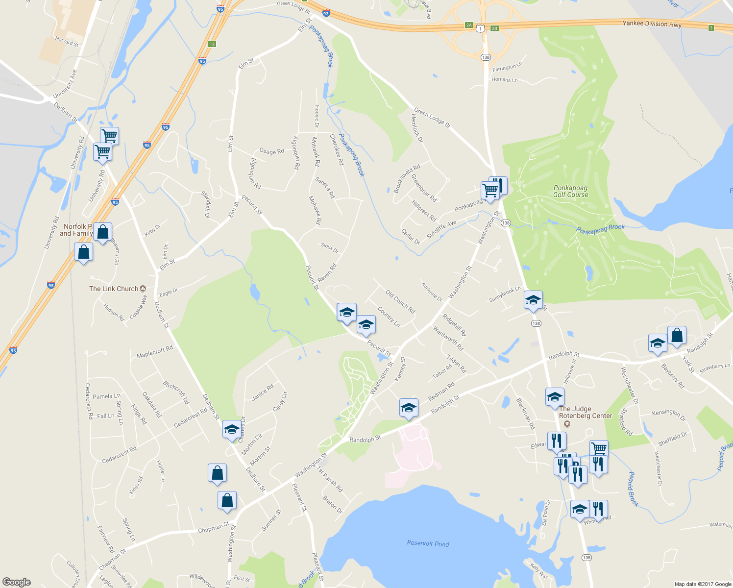 map of restaurants, bars, coffee shops, grocery stores, and more near 5 Surrey Lane in Canton