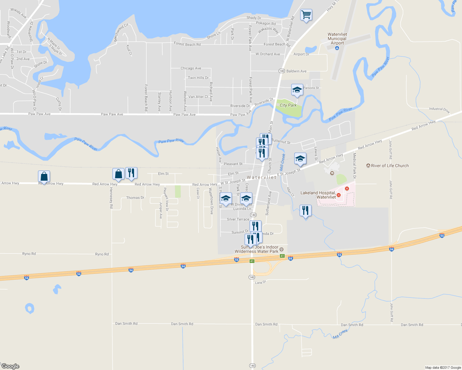 map of restaurants, bars, coffee shops, grocery stores, and more near 339 West Saint Joseph Street in Watervliet