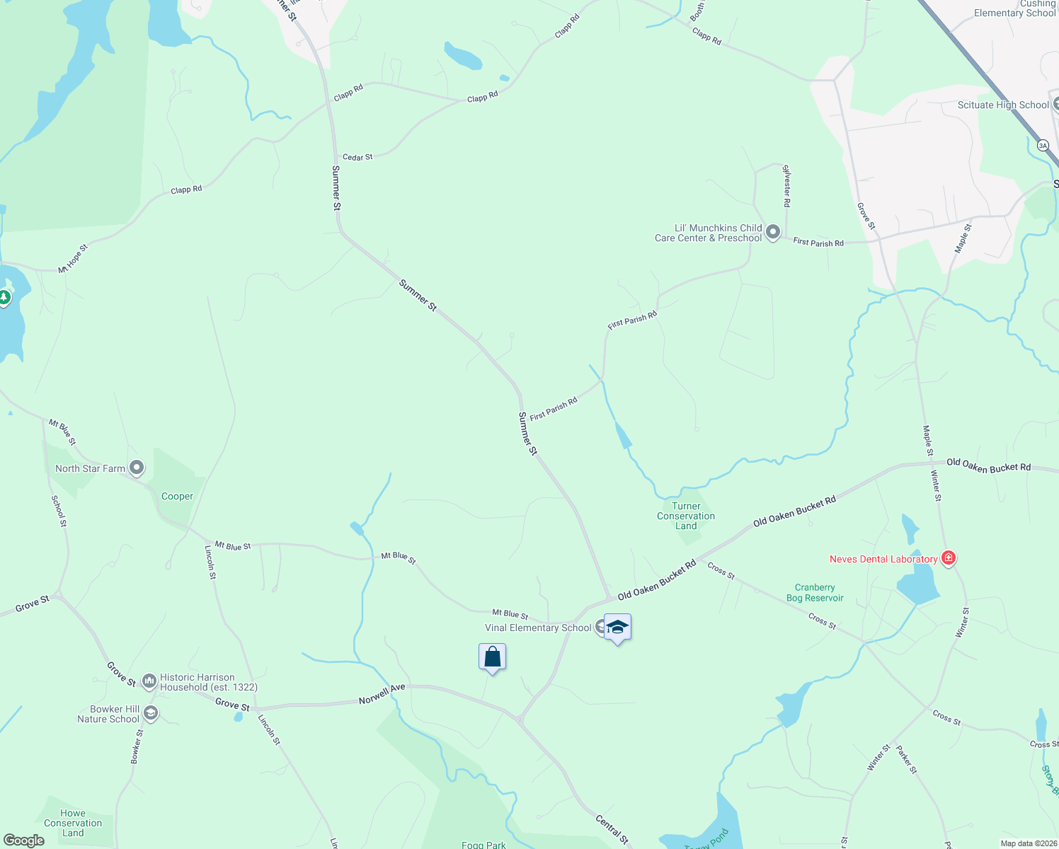 map of restaurants, bars, coffee shops, grocery stores, and more near 154 Summer Street in Norwell