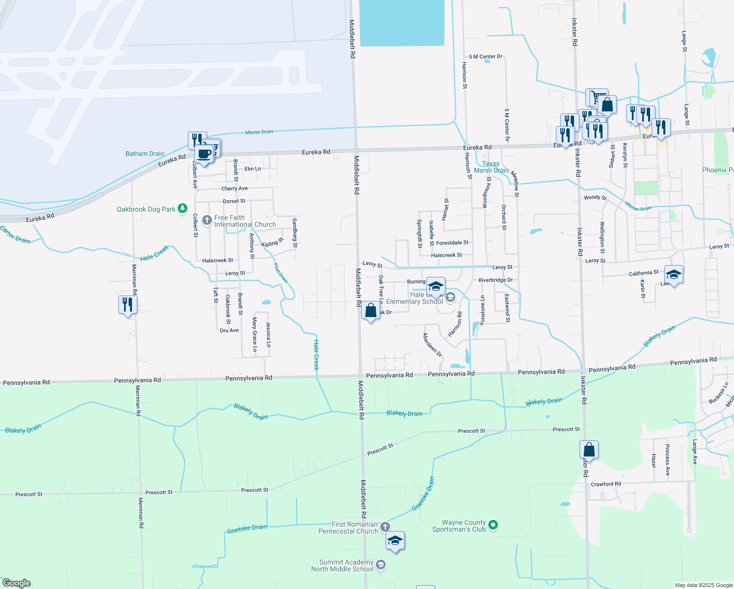 map of restaurants, bars, coffee shops, grocery stores, and more near 16259 Middlebelt Road in Romulus