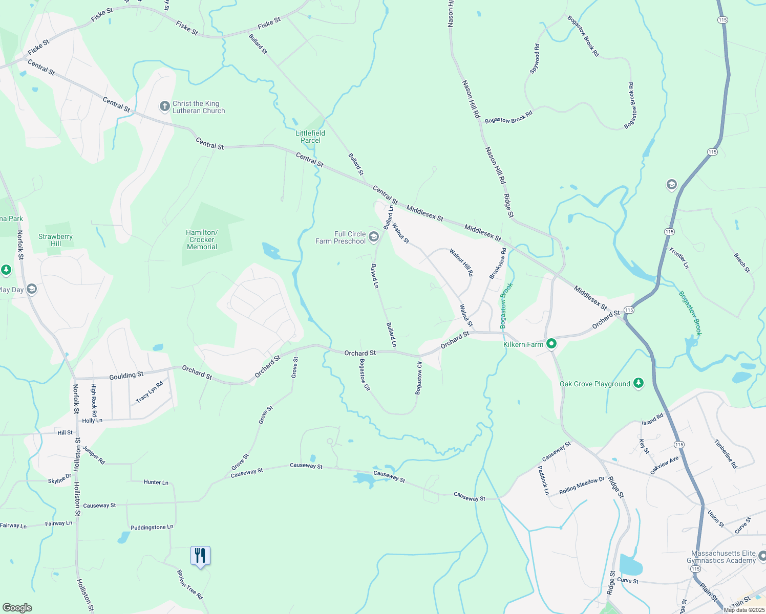 map of restaurants, bars, coffee shops, grocery stores, and more near 33 Bullard Lane in Millis