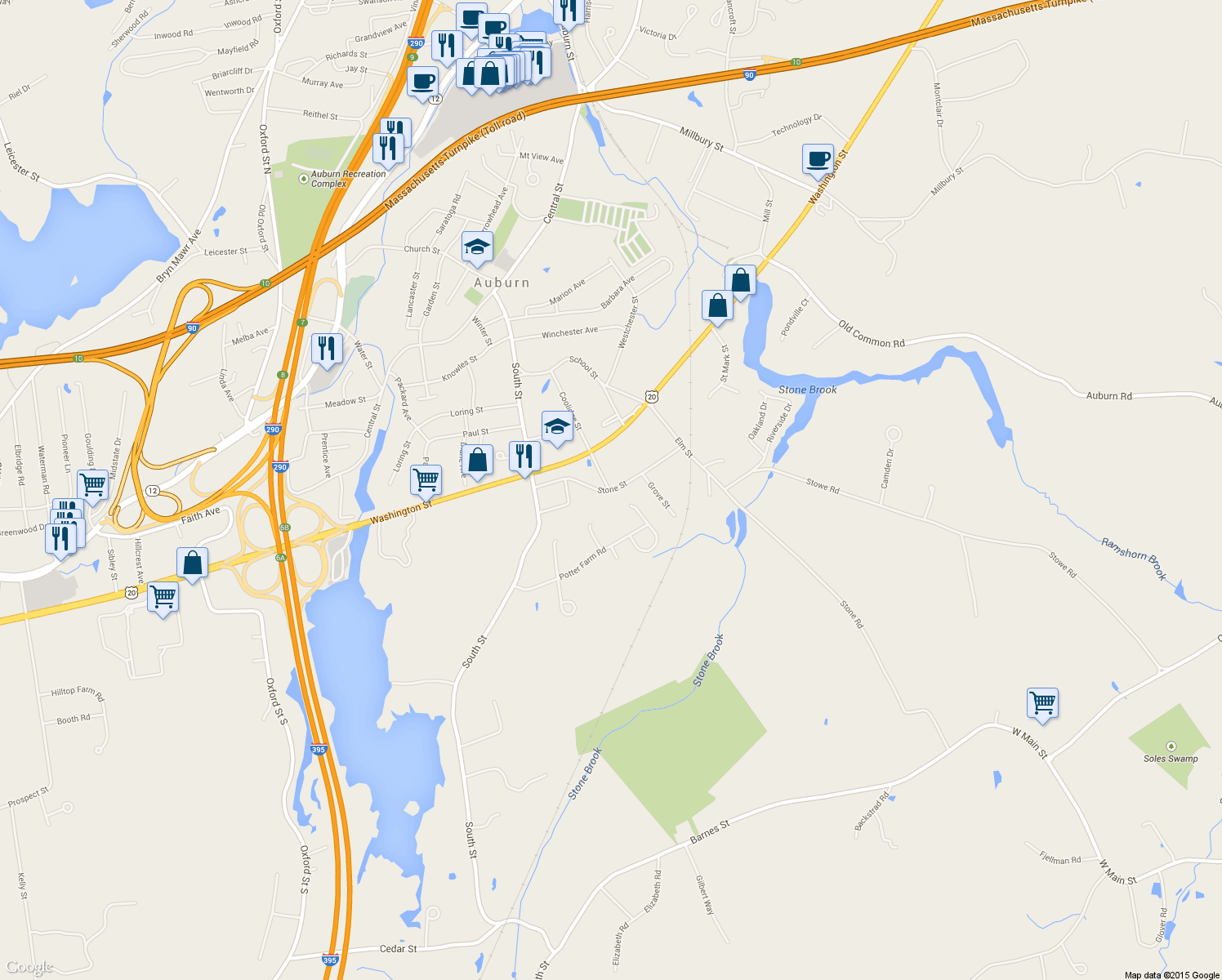 map of restaurants, bars, coffee shops, grocery stores, and more near 35 Stone Street in Auburn