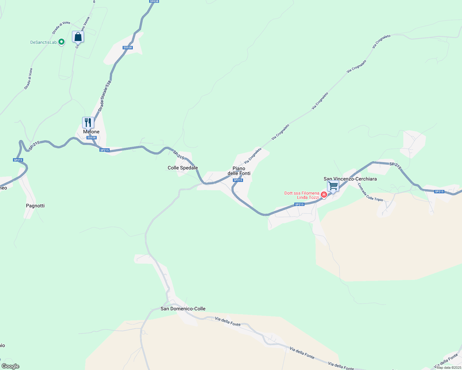 map of restaurants, bars, coffee shops, grocery stores, and more near 2 Strada Provinciale 215 in Piano delle Fonti