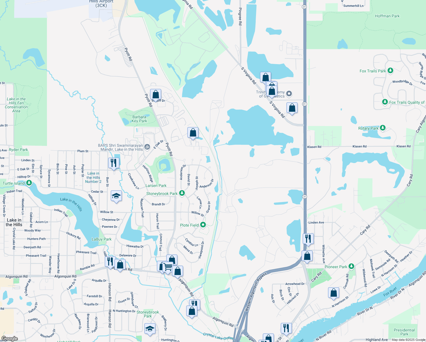 map of restaurants, bars, coffee shops, grocery stores, and more near 669 Anderson Drive in Lake in the Hills