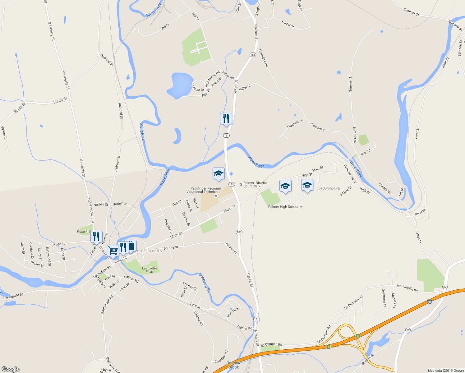 map of restaurants, bars, coffee shops, grocery stores, and more near Massachusetts 181 in Palmer