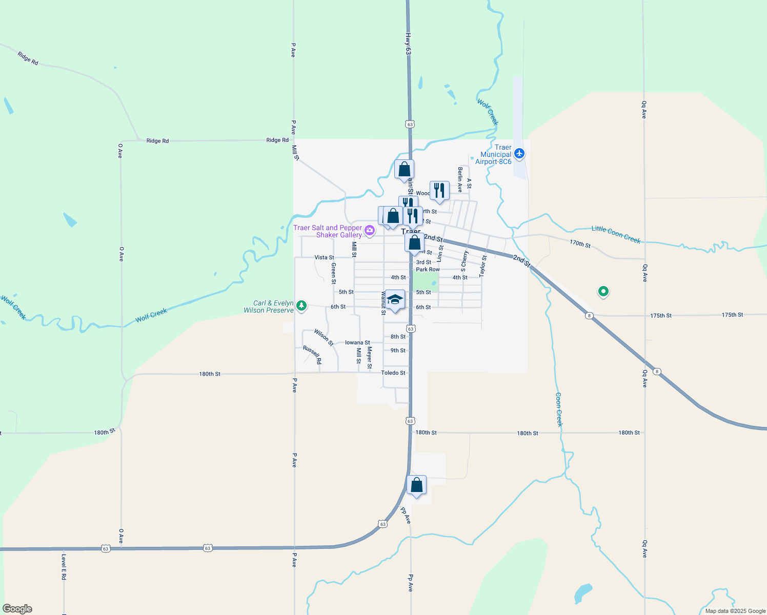 map of restaurants, bars, coffee shops, grocery stores, and more near 6th St in Traer