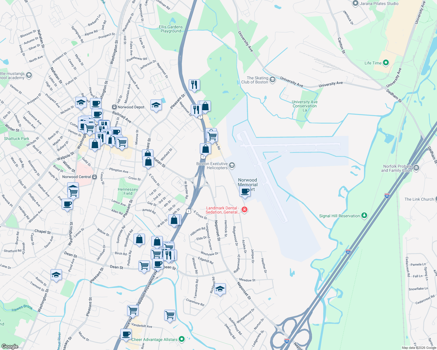 map of restaurants, bars, coffee shops, grocery stores, and more near 584 Neponset Street in Norwood