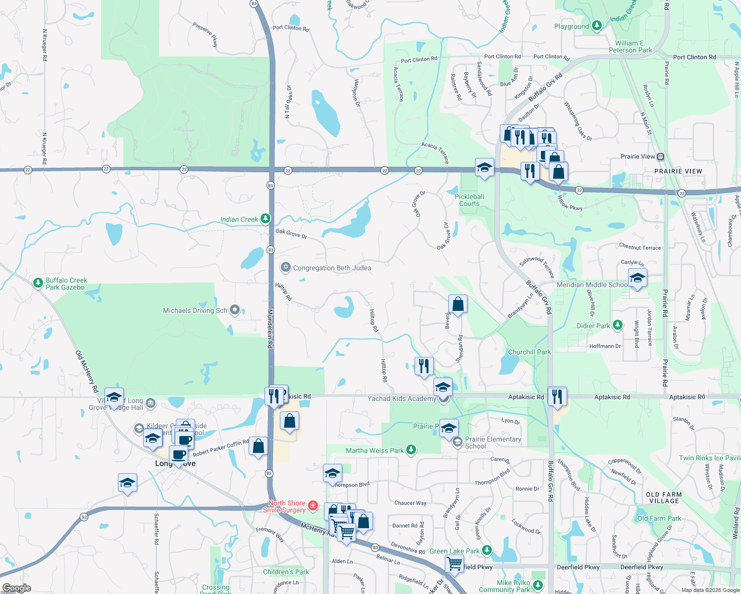 map of restaurants, bars, coffee shops, grocery stores, and more near 5248 Torrey Pine Circle in Long Grove
