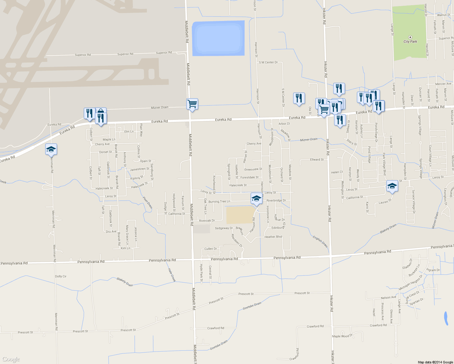 map of restaurants, bars, coffee shops, grocery stores, and more near 15830 Springhill Street in Romulus