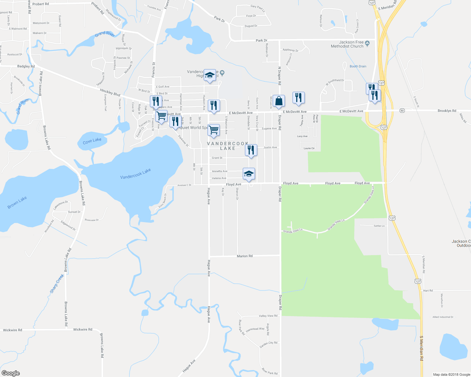 map of restaurants, bars, coffee shops, grocery stores, and more near 5100 Sharon Drive in Jackson