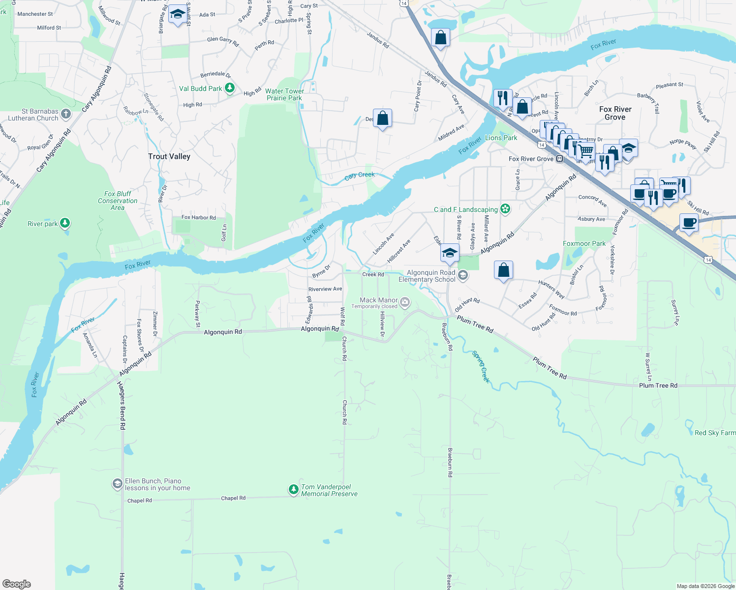 map of restaurants, bars, coffee shops, grocery stores, and more near 401 Crestview Drive in Fox River Grove