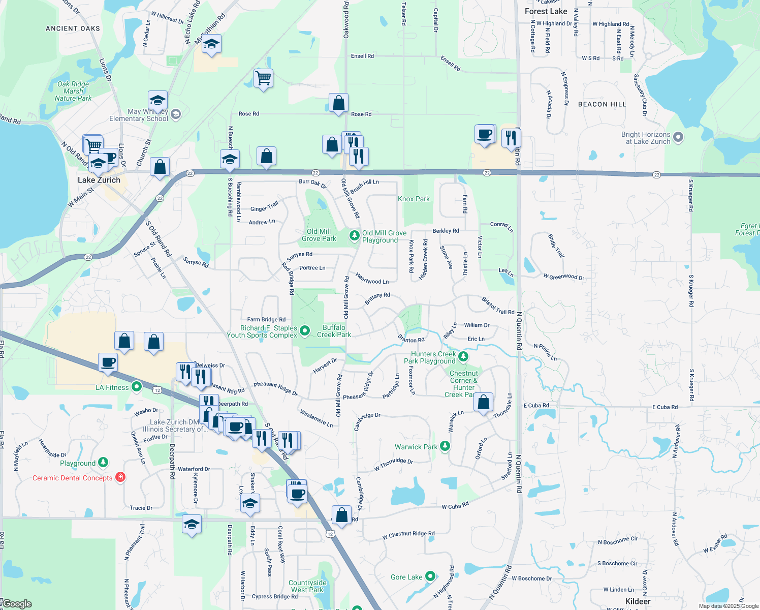 map of restaurants, bars, coffee shops, grocery stores, and more near 1035 Pembridge Road in Lake Zurich
